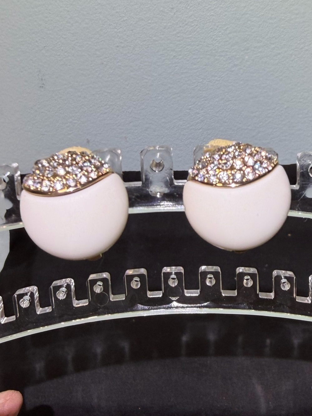 NWOT Elegant Crystal Rhinestone & White Half-Moon Clip On Cushioned Earrings